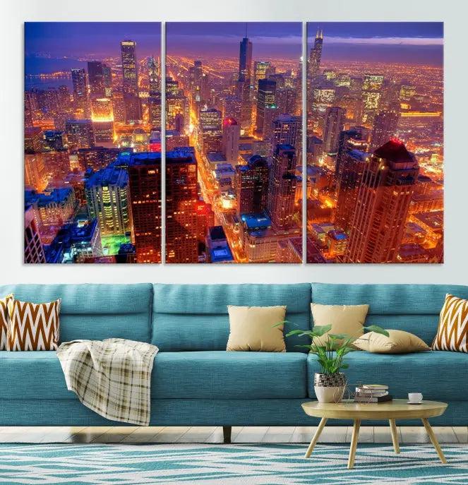 Experience the Chicago Wall Art Canvas Print, featuring a stunning depiction of Chicago's city skyline at night, with glowing lights on museum-quality canvas. Its UV-protective coating ensures lasting brilliance.