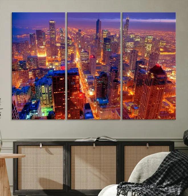 Experience the Chicago Wall Art Canvas Print, featuring a stunning depiction of Chicago's city skyline at night, with glowing lights on museum-quality canvas. Its UV-protective coating ensures lasting brilliance.