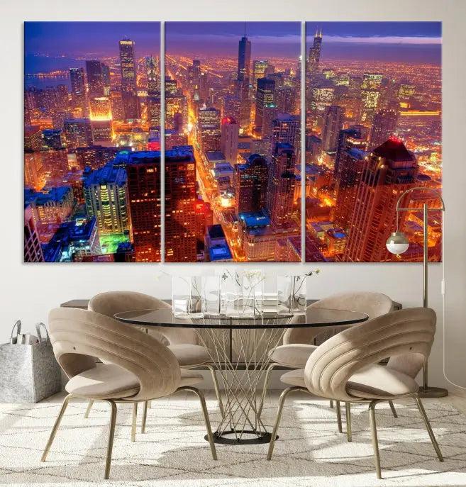 Experience the Chicago Wall Art Canvas Print, featuring a stunning depiction of Chicago's city skyline at night, with glowing lights on museum-quality canvas. Its UV-protective coating ensures lasting brilliance.