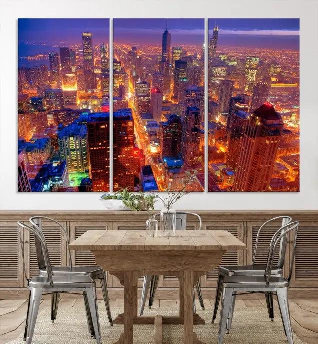 Experience the Chicago Wall Art Canvas Print, featuring a stunning depiction of Chicago's city skyline at night, with glowing lights on museum-quality canvas. Its UV-protective coating ensures lasting brilliance.