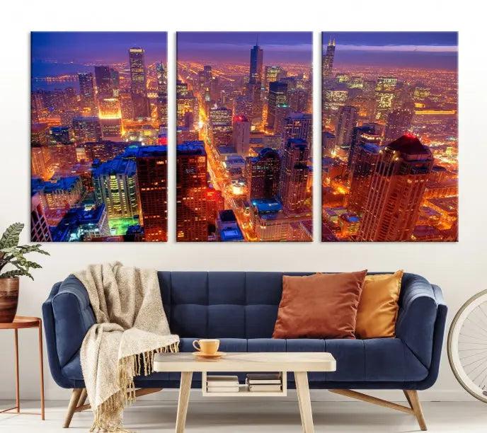 Experience the Chicago Wall Art Canvas Print, featuring a stunning depiction of Chicago's city skyline at night, with glowing lights on museum-quality canvas. Its UV-protective coating ensures lasting brilliance.