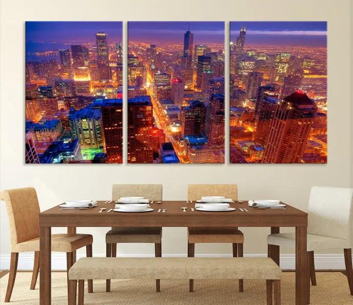 Experience the Chicago Wall Art Canvas Print, featuring a stunning depiction of Chicago's city skyline at night, with glowing lights on museum-quality canvas. Its UV-protective coating ensures lasting brilliance.