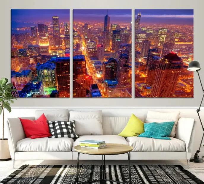 Experience the Chicago Wall Art Canvas Print, featuring a stunning depiction of Chicago's city skyline at night, with glowing lights on museum-quality canvas. Its UV-protective coating ensures lasting brilliance.