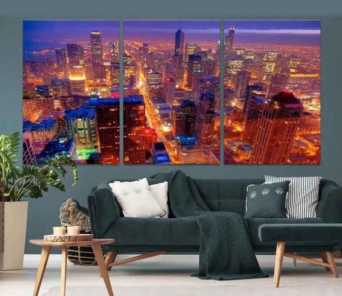 Experience the Chicago Wall Art Canvas Print, featuring a stunning depiction of Chicago's city skyline at night, with glowing lights on museum-quality canvas. Its UV-protective coating ensures lasting brilliance.