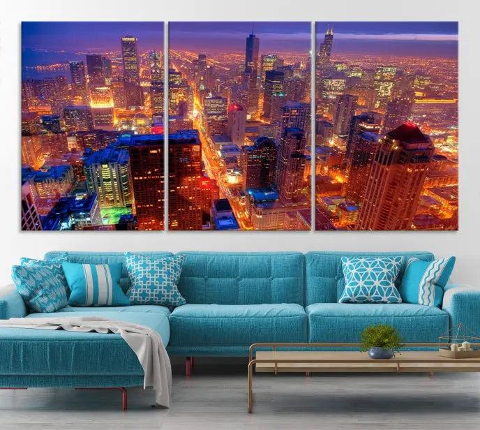 Experience the Chicago Wall Art Canvas Print, featuring a stunning depiction of Chicago's city skyline at night, with glowing lights on museum-quality canvas. Its UV-protective coating ensures lasting brilliance.