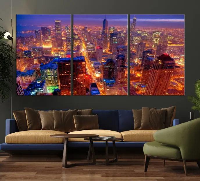 Experience the Chicago Wall Art Canvas Print, featuring a stunning depiction of Chicago's city skyline at night, with glowing lights on museum-quality canvas. Its UV-protective coating ensures lasting brilliance.