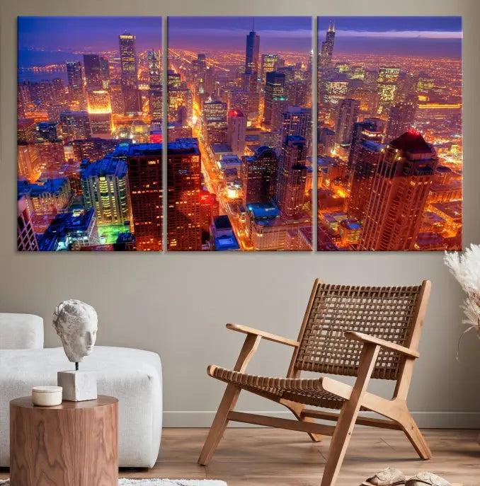 Experience the Chicago Wall Art Canvas Print, featuring a stunning depiction of Chicago's city skyline at night, with glowing lights on museum-quality canvas. Its UV-protective coating ensures lasting brilliance.