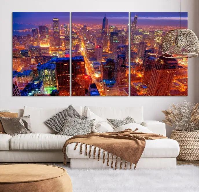 Experience the Chicago Wall Art Canvas Print, featuring a stunning depiction of Chicago's city skyline at night, with glowing lights on museum-quality canvas. Its UV-protective coating ensures lasting brilliance.