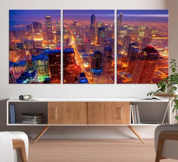 Experience the Chicago Wall Art Canvas Print, featuring a stunning depiction of Chicago's city skyline at night, with glowing lights on museum-quality canvas. Its UV-protective coating ensures lasting brilliance.