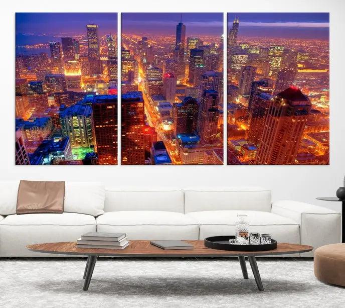 Experience the Chicago Wall Art Canvas Print, featuring a stunning depiction of Chicago's city skyline at night, with glowing lights on museum-quality canvas. Its UV-protective coating ensures lasting brilliance.