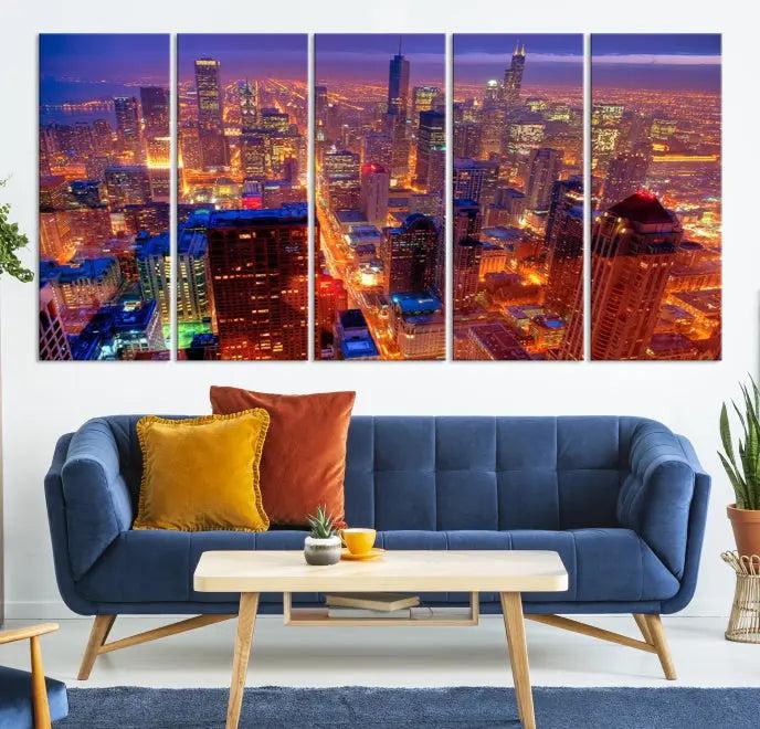 Experience the Chicago Wall Art Canvas Print, featuring a stunning depiction of Chicago's city skyline at night, with glowing lights on museum-quality canvas. Its UV-protective coating ensures lasting brilliance.