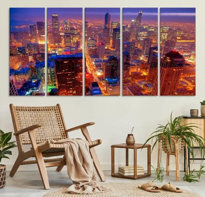 Experience the Chicago Wall Art Canvas Print, featuring a stunning depiction of Chicago's city skyline at night, with glowing lights on museum-quality canvas. Its UV-protective coating ensures lasting brilliance.