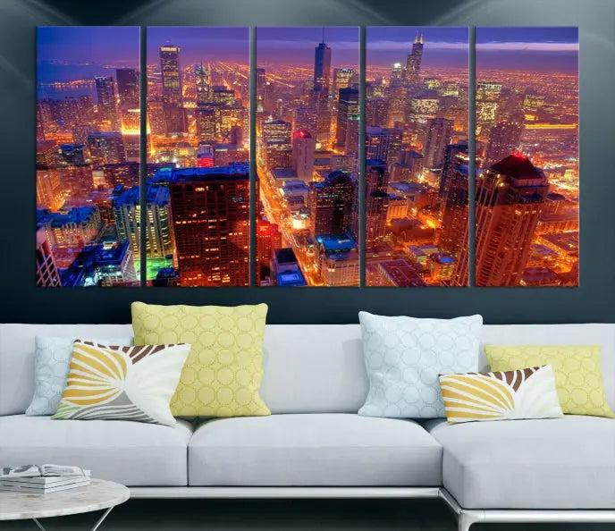 Experience the Chicago Wall Art Canvas Print, featuring a stunning depiction of Chicago's city skyline at night, with glowing lights on museum-quality canvas. Its UV-protective coating ensures lasting brilliance.