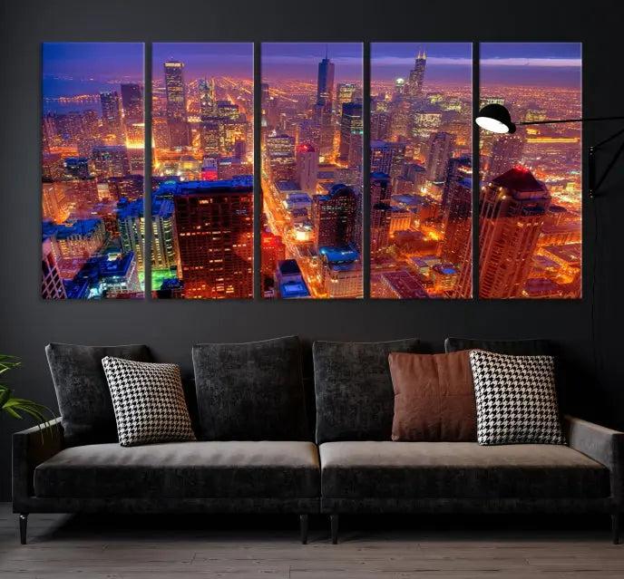 Experience the Chicago Wall Art Canvas Print, featuring a stunning depiction of Chicago's city skyline at night, with glowing lights on museum-quality canvas. Its UV-protective coating ensures lasting brilliance.