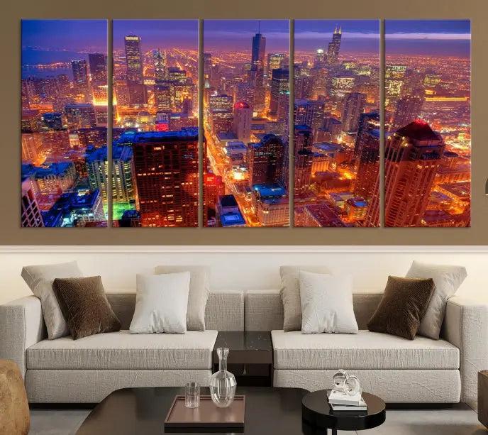 Experience the Chicago Wall Art Canvas Print, featuring a stunning depiction of Chicago's city skyline at night, with glowing lights on museum-quality canvas. Its UV-protective coating ensures lasting brilliance.