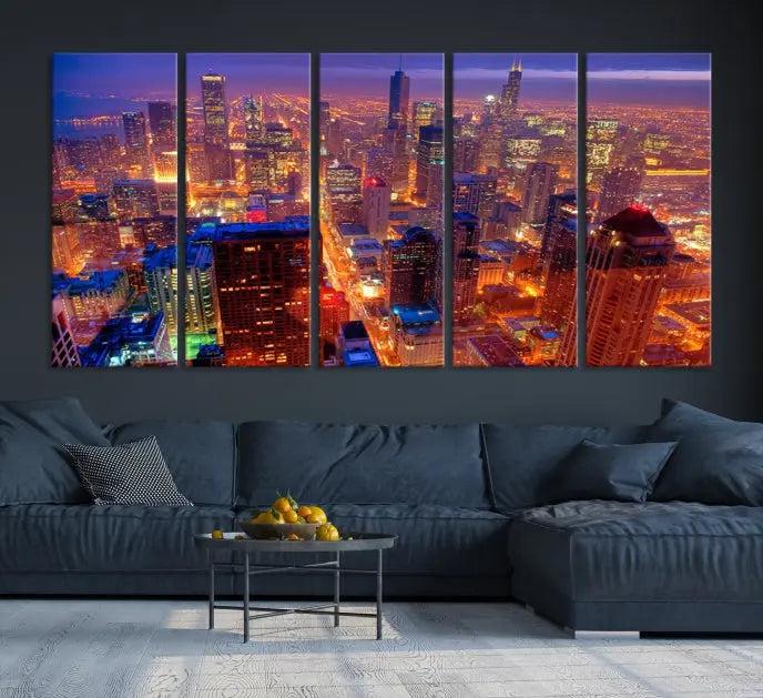 Experience the Chicago Wall Art Canvas Print, featuring a stunning depiction of Chicago's city skyline at night, with glowing lights on museum-quality canvas. Its UV-protective coating ensures lasting brilliance.