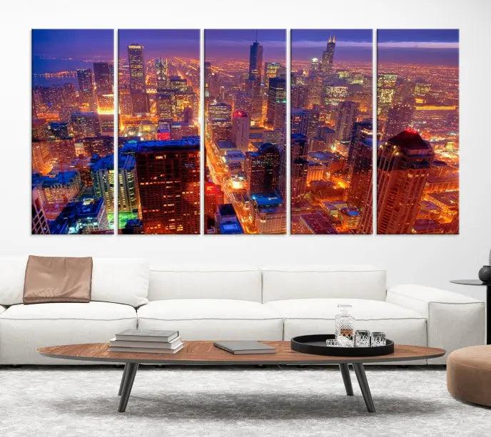 Experience the Chicago Wall Art Canvas Print, featuring a stunning depiction of Chicago's city skyline at night, with glowing lights on museum-quality canvas. Its UV-protective coating ensures lasting brilliance.