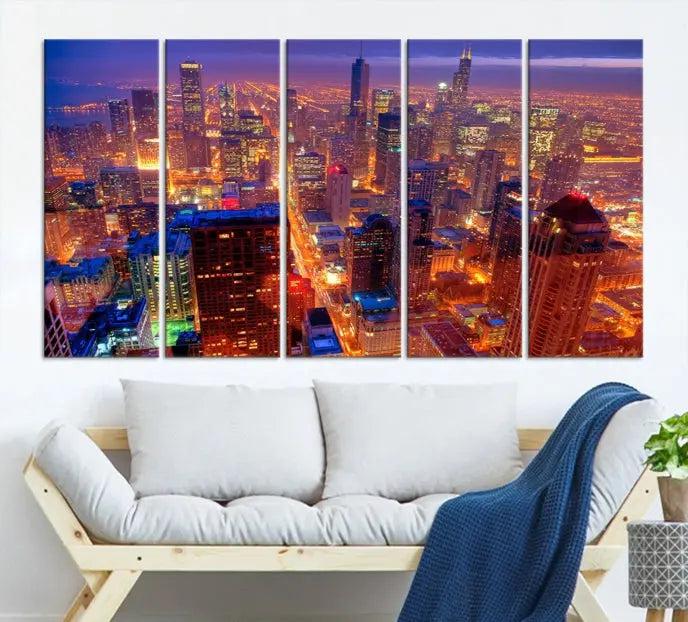 Experience the Chicago Wall Art Canvas Print, featuring a stunning depiction of Chicago's city skyline at night, with glowing lights on museum-quality canvas. Its UV-protective coating ensures lasting brilliance.