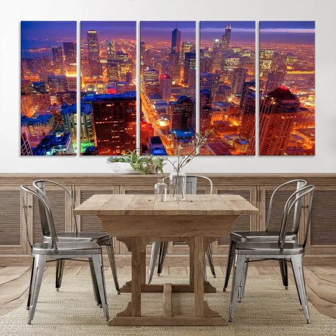 Experience the Chicago Wall Art Canvas Print, featuring a stunning depiction of Chicago's city skyline at night, with glowing lights on museum-quality canvas. Its UV-protective coating ensures lasting brilliance.