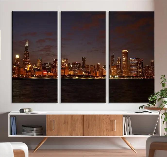 The "Chicago Wall Art Canvas Print: Chicago City Night" showcases a stunning triptych of the city's skyline at dusk, meticulously crafted on museum-quality canvas with a UV-protective coating. This artwork adds warmth and charm to your living space and comes ready to hang for your convenience.