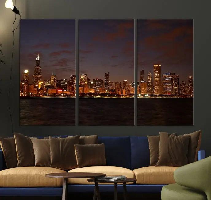 The "Chicago Wall Art Canvas Print: Chicago City Night" showcases a stunning triptych of the city's skyline at dusk, meticulously crafted on museum-quality canvas with a UV-protective coating. This artwork adds warmth and charm to your living space and comes ready to hang for your convenience.