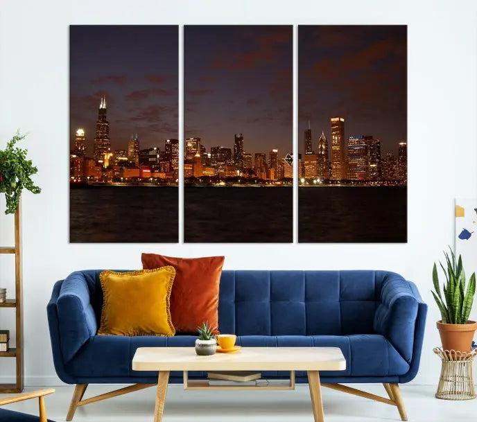 The "Chicago Wall Art Canvas Print: Chicago City Night" showcases a stunning triptych of the city's skyline at dusk, meticulously crafted on museum-quality canvas with a UV-protective coating. This artwork adds warmth and charm to your living space and comes ready to hang for your convenience.