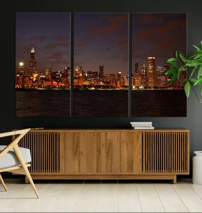 The "Chicago Wall Art Canvas Print: Chicago City Night" showcases a stunning triptych of the city's skyline at dusk, meticulously crafted on museum-quality canvas with a UV-protective coating. This artwork adds warmth and charm to your living space and comes ready to hang for your convenience.