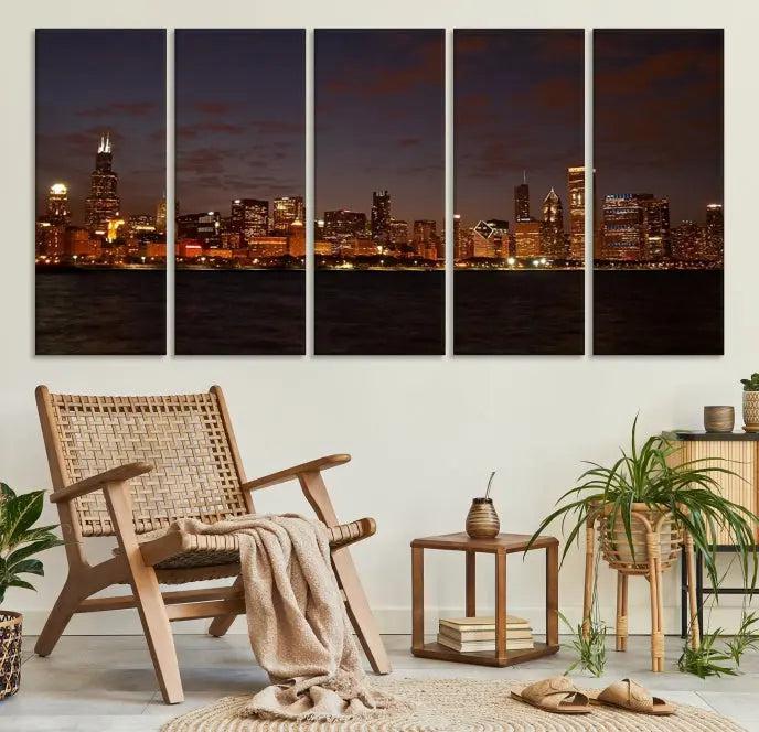 The "Chicago Wall Art Canvas Print: Chicago City Night" showcases a stunning triptych of the city's skyline at dusk, meticulously crafted on museum-quality canvas with a UV-protective coating. This artwork adds warmth and charm to your living space and comes ready to hang for your convenience.