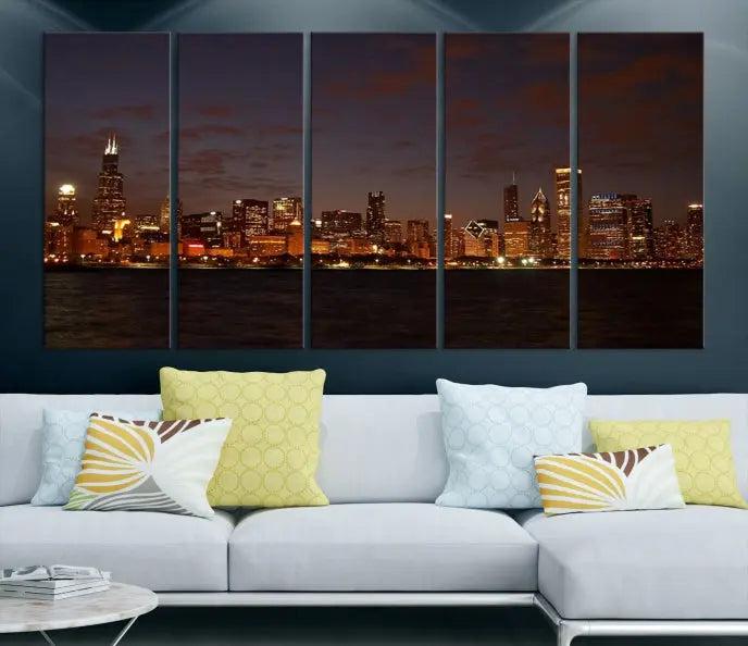 The "Chicago Wall Art Canvas Print: Chicago City Night" showcases a stunning triptych of the city's skyline at dusk, meticulously crafted on museum-quality canvas with a UV-protective coating. This artwork adds warmth and charm to your living space and comes ready to hang for your convenience.