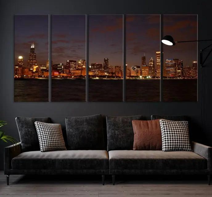 The "Chicago Wall Art Canvas Print: Chicago City Night" showcases a stunning triptych of the city's skyline at dusk, meticulously crafted on museum-quality canvas with a UV-protective coating. This artwork adds warmth and charm to your living space and comes ready to hang for your convenience.