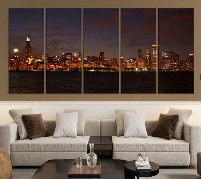 The "Chicago Wall Art Canvas Print: Chicago City Night" showcases a stunning triptych of the city's skyline at dusk, meticulously crafted on museum-quality canvas with a UV-protective coating. This artwork adds warmth and charm to your living space and comes ready to hang for your convenience.