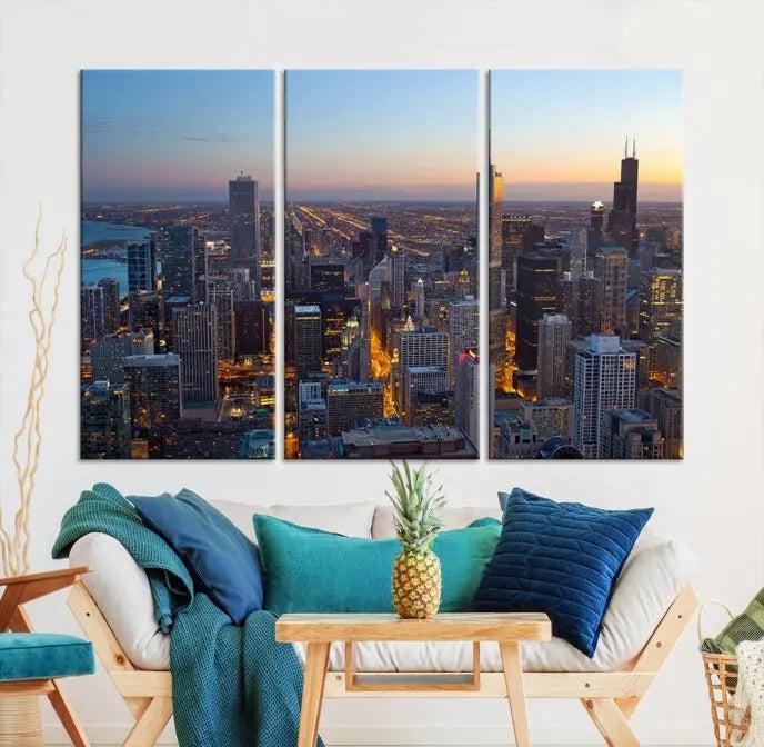 A triptych of the Chicago city skyline at night graces the wall, featuring museum-quality canvases with UV-protective coating.