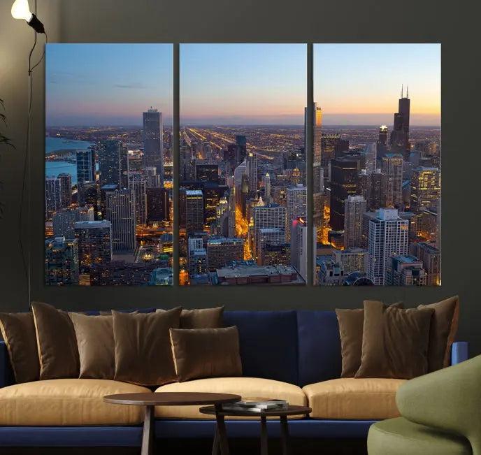 A triptych of the Chicago city skyline at night graces the wall, featuring museum-quality canvases with UV-protective coating.