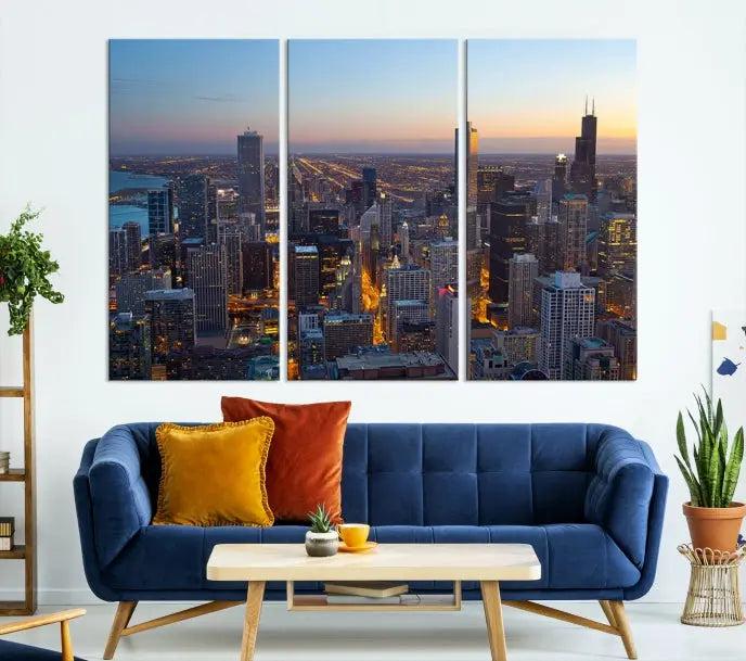 A triptych of the Chicago city skyline at night graces the wall, featuring museum-quality canvases with UV-protective coating.