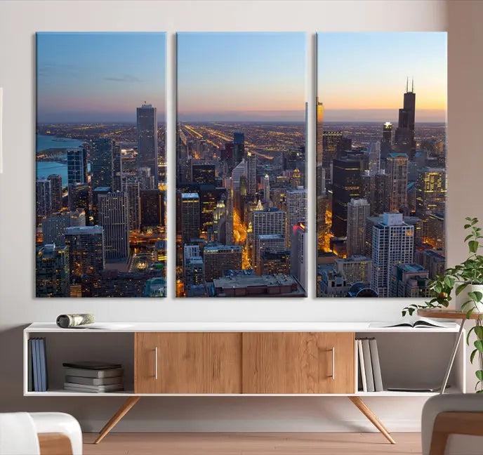 A triptych of the Chicago city skyline at night graces the wall, featuring museum-quality canvases with UV-protective coating.