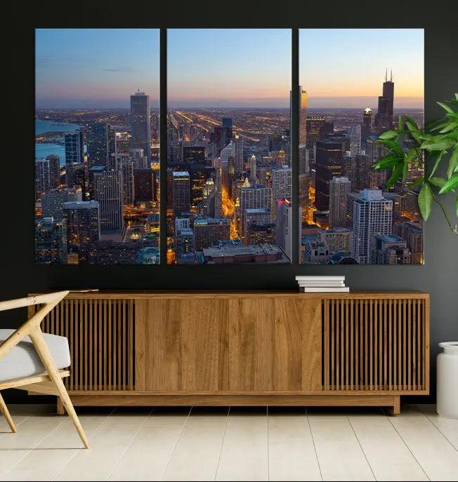 A triptych of the Chicago city skyline at night graces the wall, featuring museum-quality canvases with UV-protective coating.