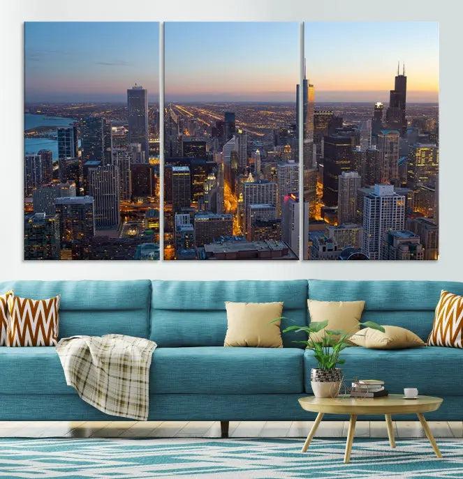 A triptych of the Chicago city skyline at night graces the wall, featuring museum-quality canvases with UV-protective coating.