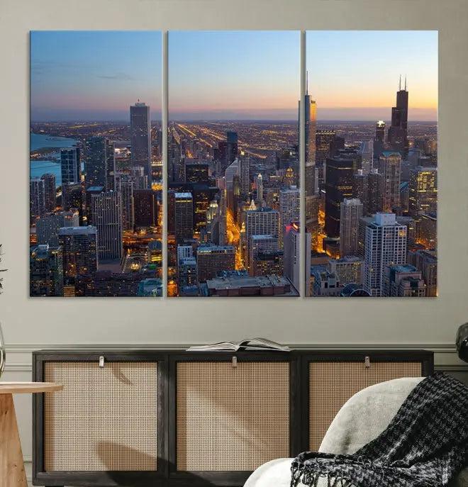 A triptych of the Chicago city skyline at night graces the wall, featuring museum-quality canvases with UV-protective coating.