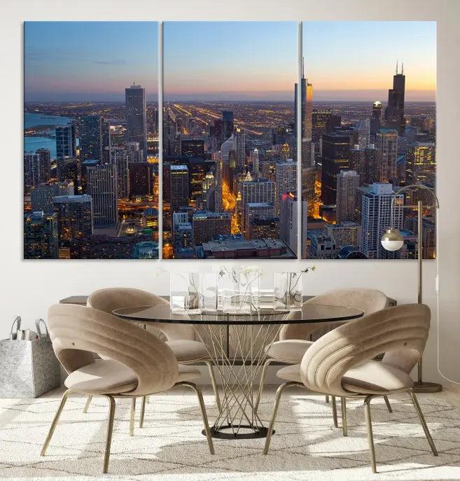 A triptych of the Chicago city skyline at night graces the wall, featuring museum-quality canvases with UV-protective coating.