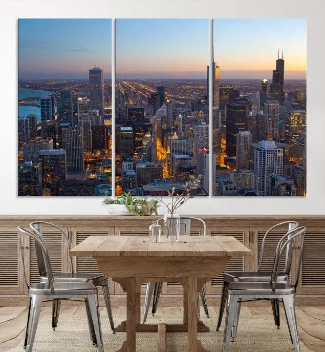 A triptych of the Chicago city skyline at night graces the wall, featuring museum-quality canvases with UV-protective coating.