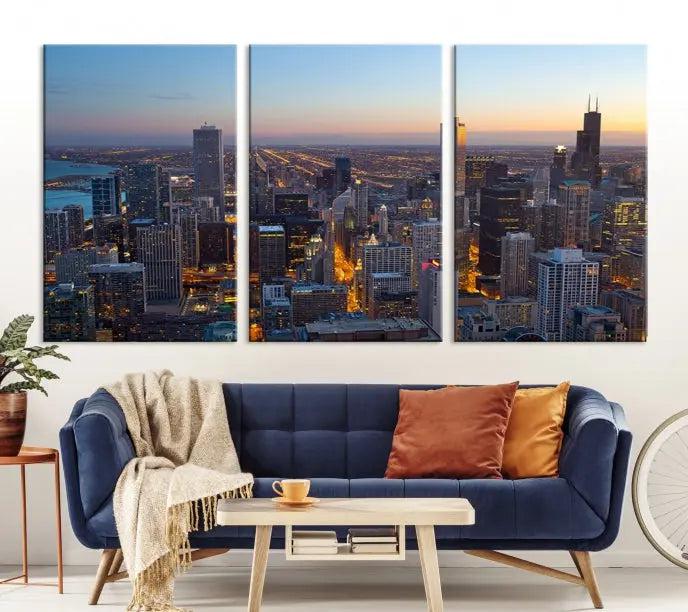 A triptych of the Chicago city skyline at night graces the wall, featuring museum-quality canvases with UV-protective coating.