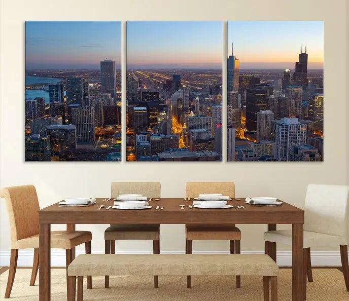 A triptych of the Chicago city skyline at night graces the wall, featuring museum-quality canvases with UV-protective coating.