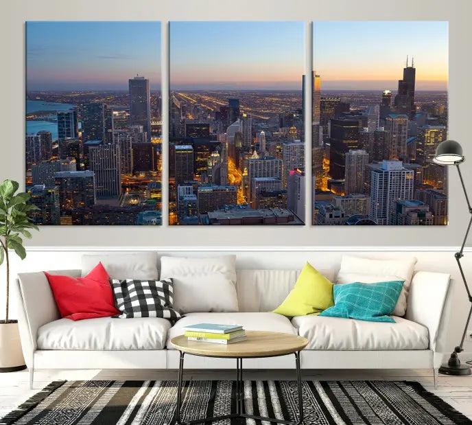 A triptych of the Chicago city skyline at night graces the wall, featuring museum-quality canvases with UV-protective coating.