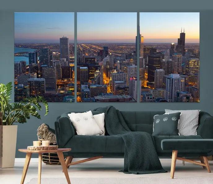 A triptych of the Chicago city skyline at night graces the wall, featuring museum-quality canvases with UV-protective coating.