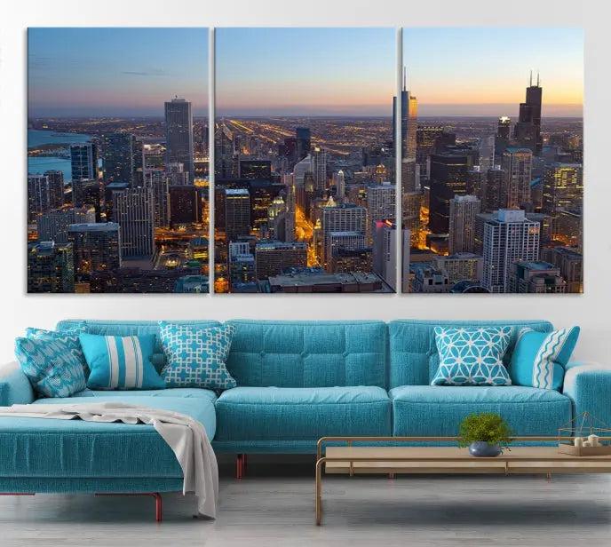 A triptych of the Chicago city skyline at night graces the wall, featuring museum-quality canvases with UV-protective coating.