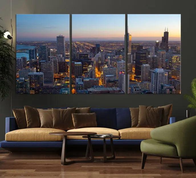 A triptych of the Chicago city skyline at night graces the wall, featuring museum-quality canvases with UV-protective coating.