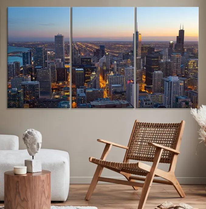 A triptych of the Chicago city skyline at night graces the wall, featuring museum-quality canvases with UV-protective coating.