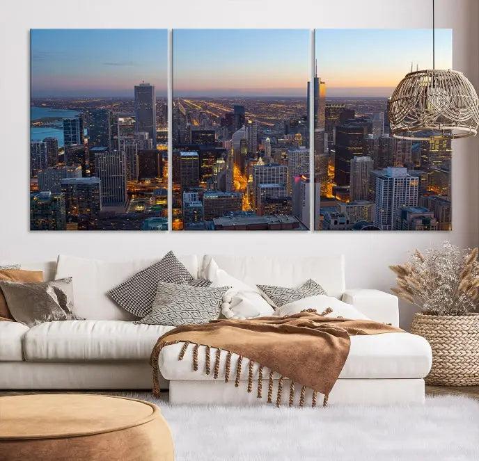 A triptych of the Chicago city skyline at night graces the wall, featuring museum-quality canvases with UV-protective coating.