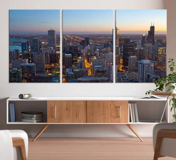 A triptych of the Chicago city skyline at night graces the wall, featuring museum-quality canvases with UV-protective coating.