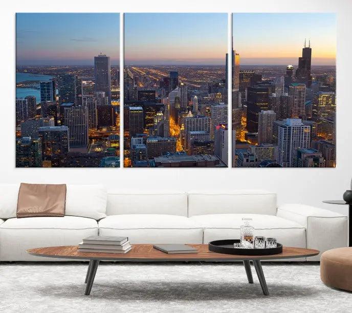 A triptych of the Chicago city skyline at night graces the wall, featuring museum-quality canvases with UV-protective coating.